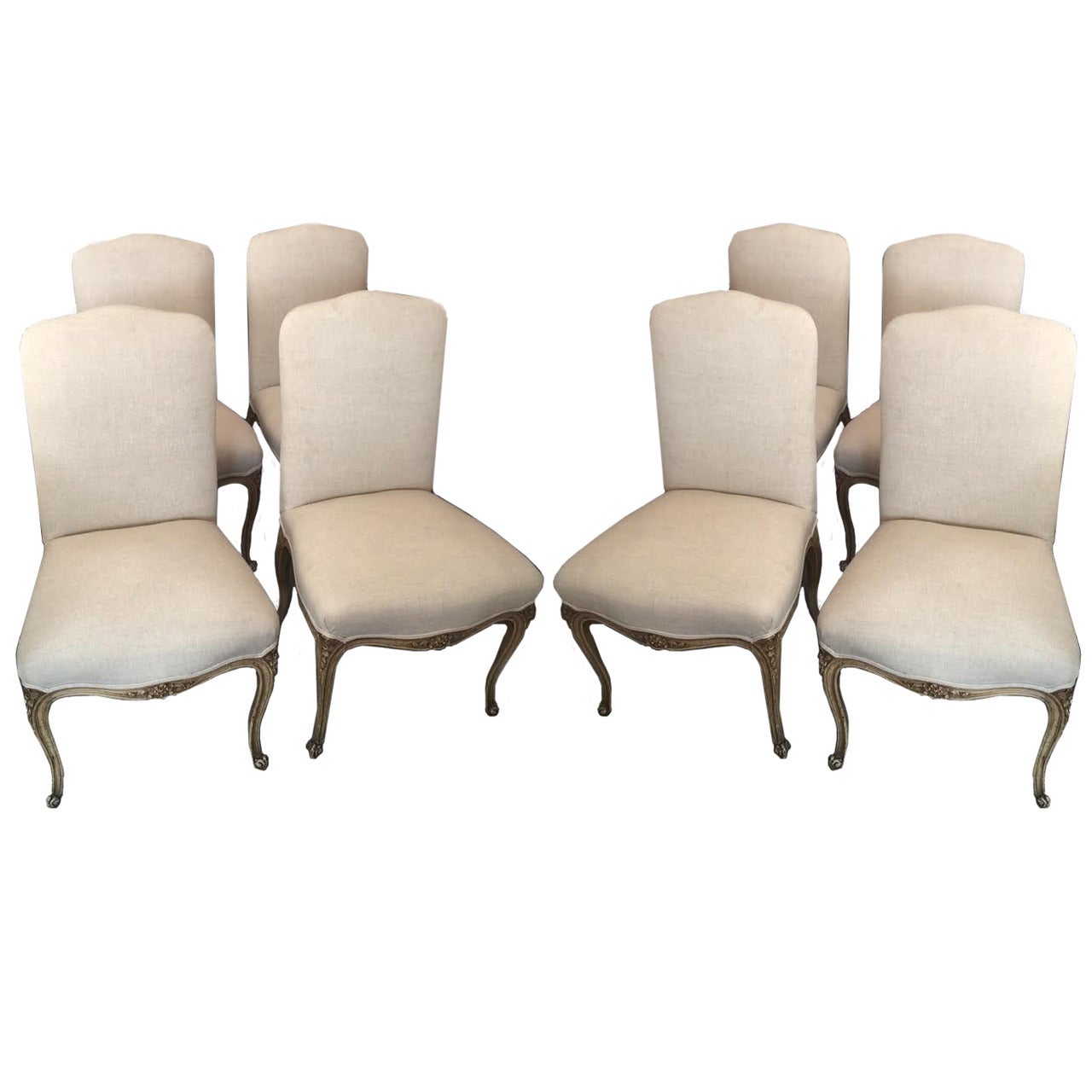 Set of Eight 20th Century Louis XV Style Carved Wood & Upholstered Dining Chairs For Sale