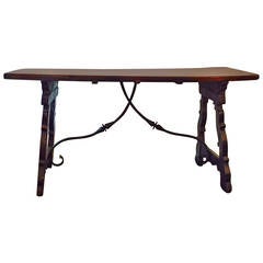 19th Century Walnut Trestle Table, Iron Stretcher & Top Single Plank, Italy