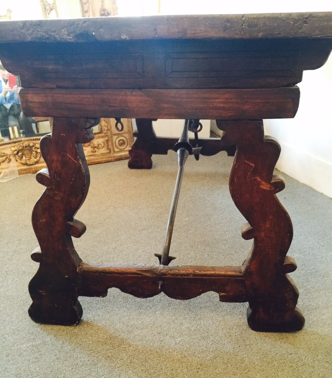 19th Century Walnut Trestle Table, Iron Stretcher & Top Single Plank, Italy