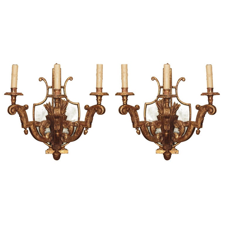 Pair of c 1910French Carved Wood and Gilt Mirror Shield Sconces and Quiver Motif For Sale