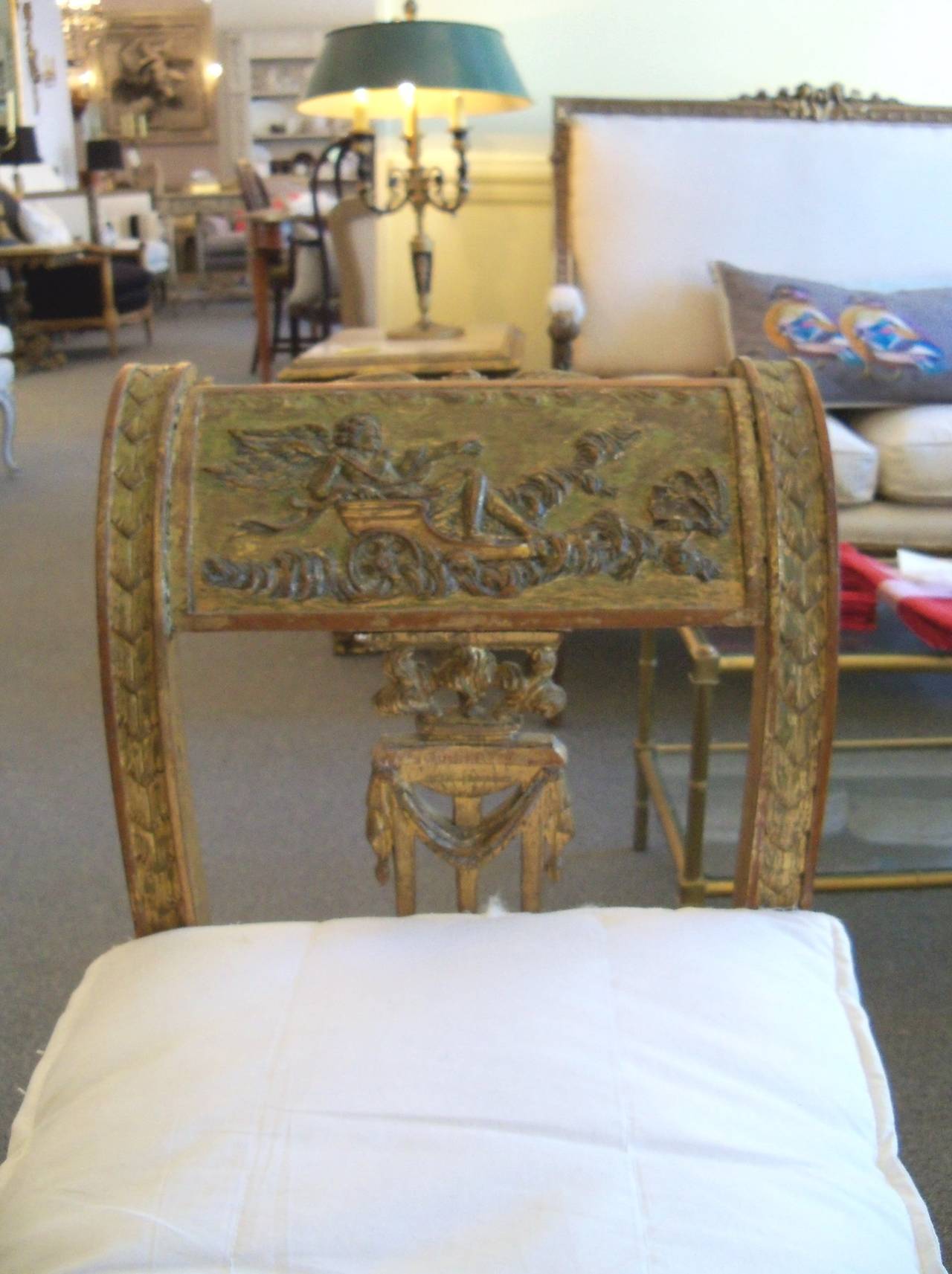 19th Century Neoclassical Style Carved Paint & Giltwood Bench with Cushion For Sale 2