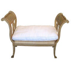 Antique 19th Century Neoclassical Style Carved Paint & Giltwood Bench with Cushion