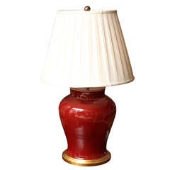 Large Oxblood Table Lamp With Wood Gilded Base And Custom Silk Lamp Shade