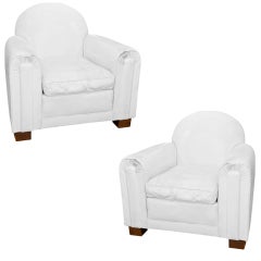 Pair of White Leather Deco-Style Armchairs