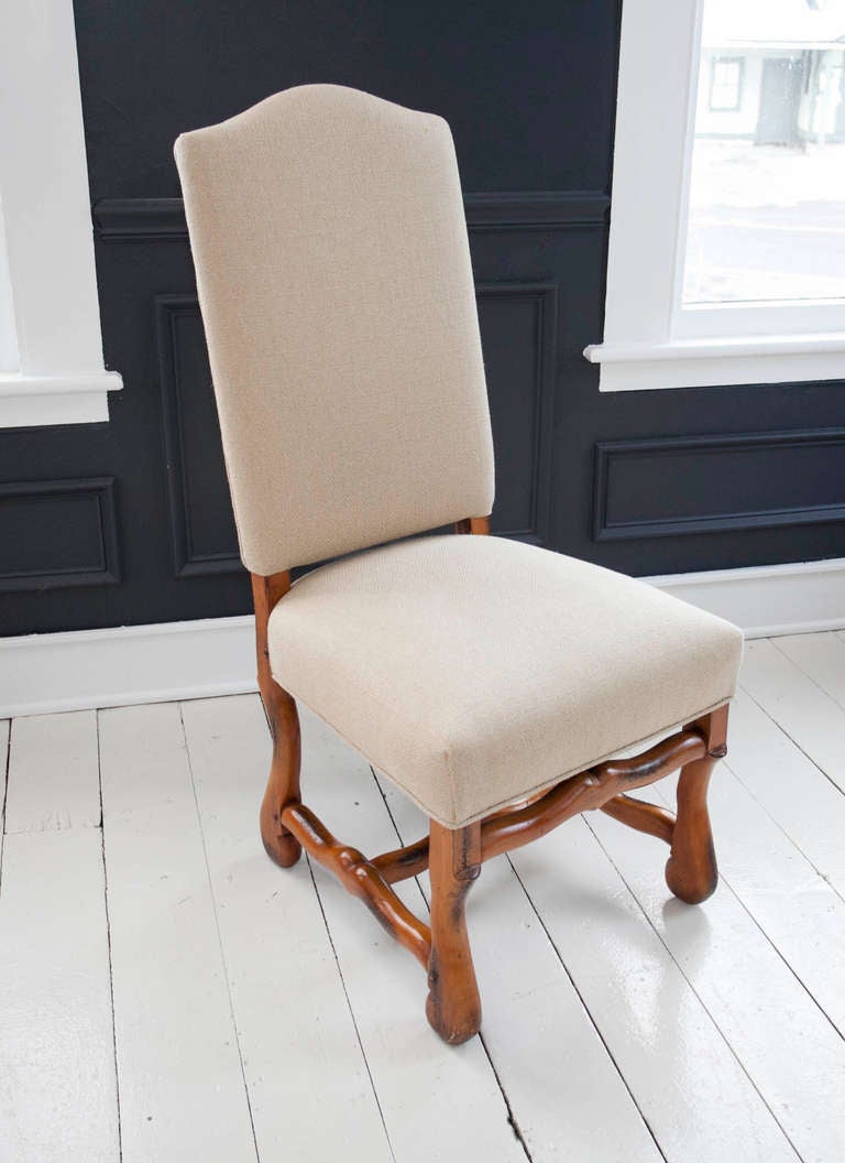 Set of 6 vintage Os de Mouton dining chairs newly upholstered in beige/grey diamond pattern linen from Rogers & Goffigon.  Repair to frame of one chair as shown in Image #9.