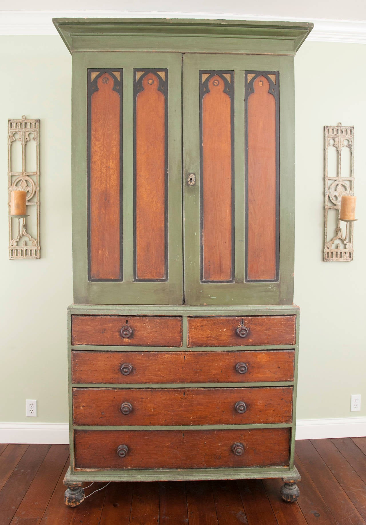19th Century Painted, Gothic-Influenced Armoire In Good Condition For Sale In New Preston, CT