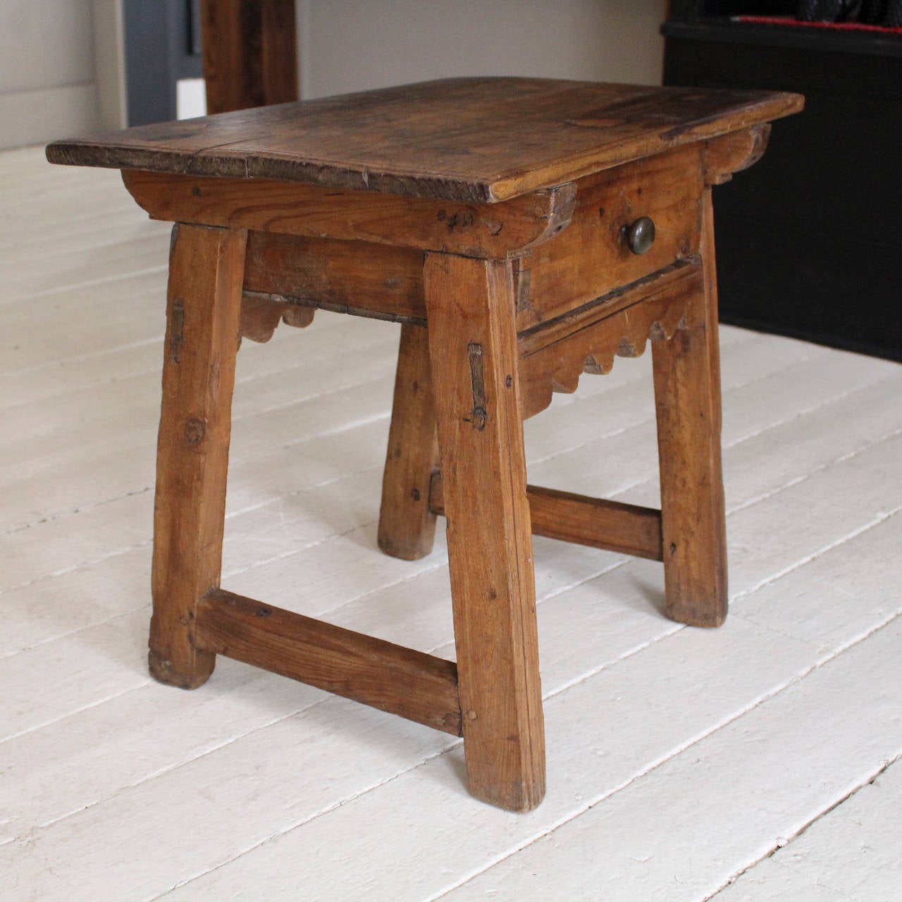 Charming Single Drawer Table, 18th c France, with Decorative Heart-Shaped Inlays and Scalloped Apron.