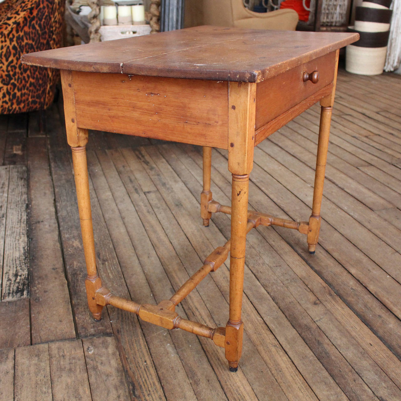 19th c Pine Side Table with Single Drawer and Cross Stretcher