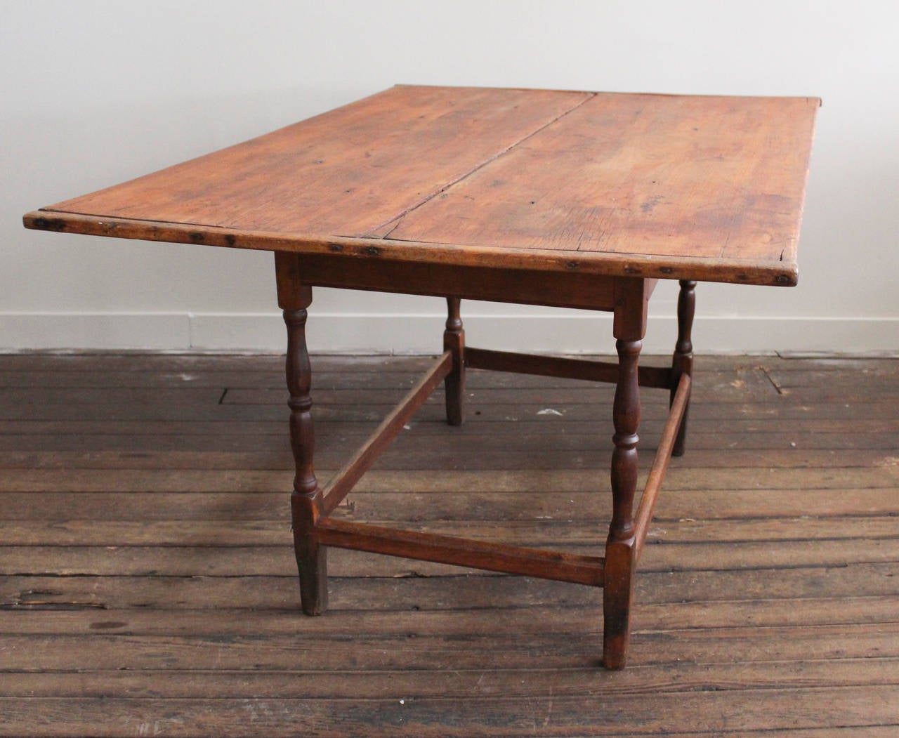 White Pine Double Board Table, 17th c Pennsylvania, with Breadboard Ends, Turned Legs and Stretcher Base.