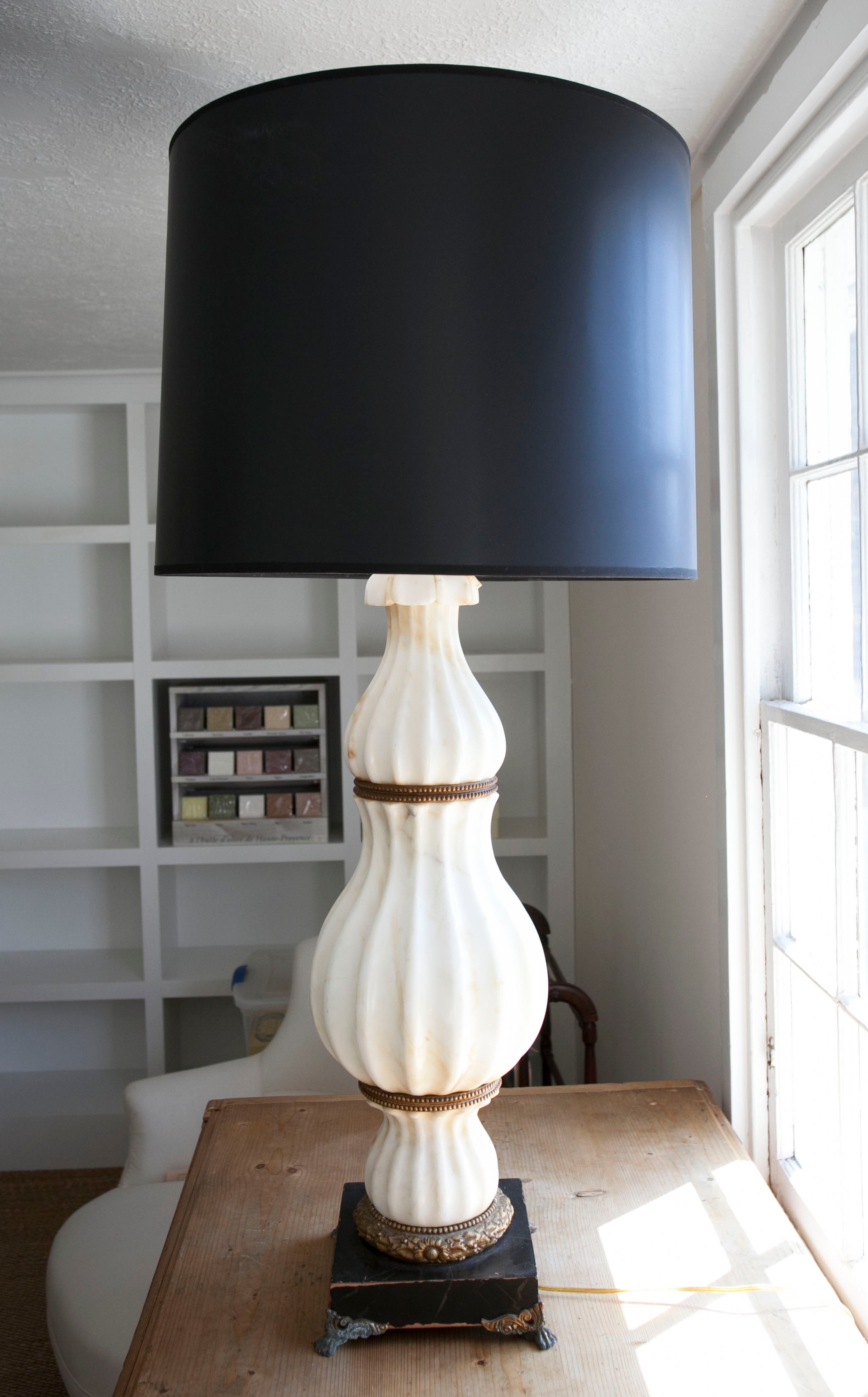 Single Carved White Marble Italian Table Lamp