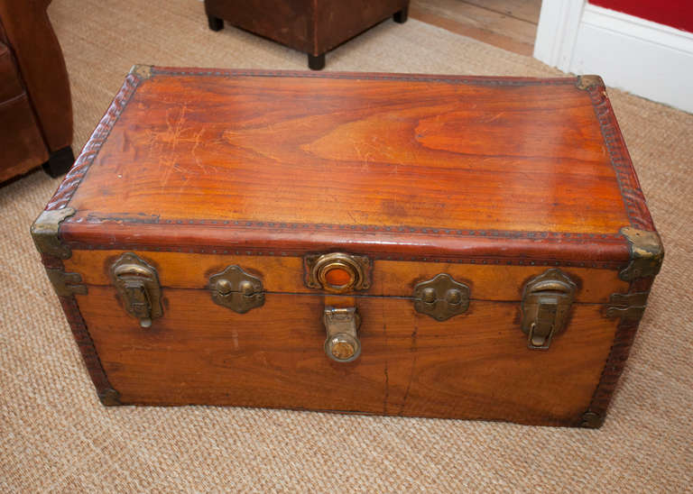 Handsome Leather-Trimmed Trunk, Circa 19th c England, with Original Brass Hardware