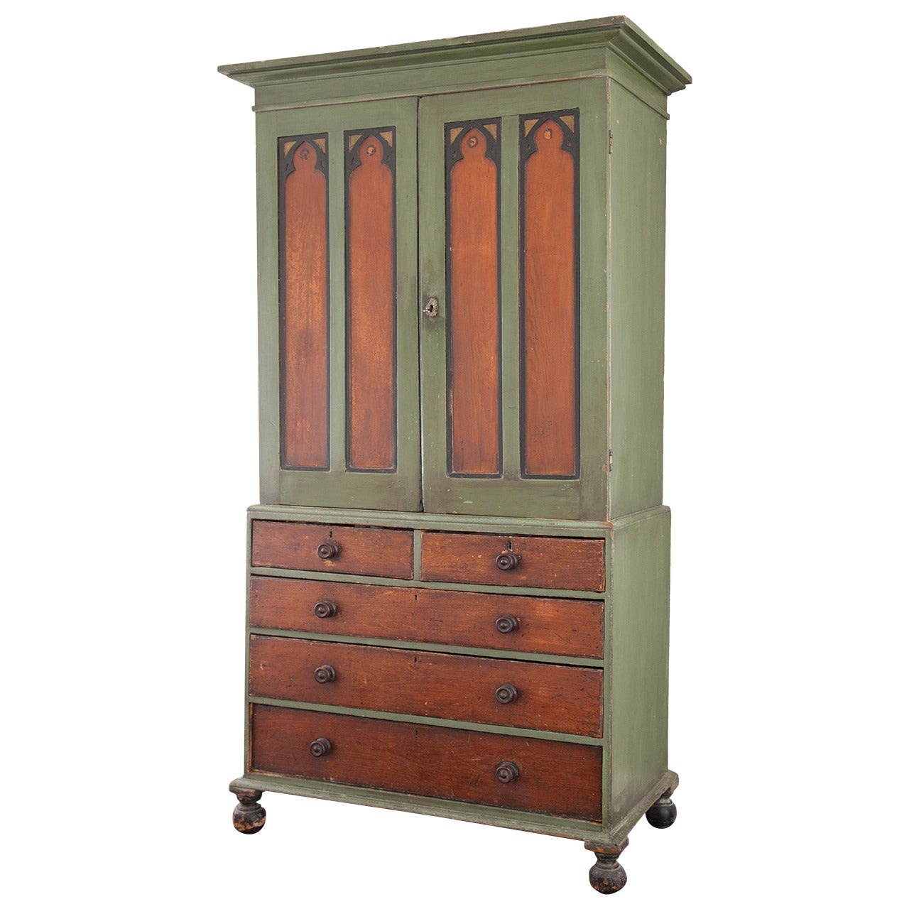 19th Century Painted, Gothic-Influenced Armoire For Sale