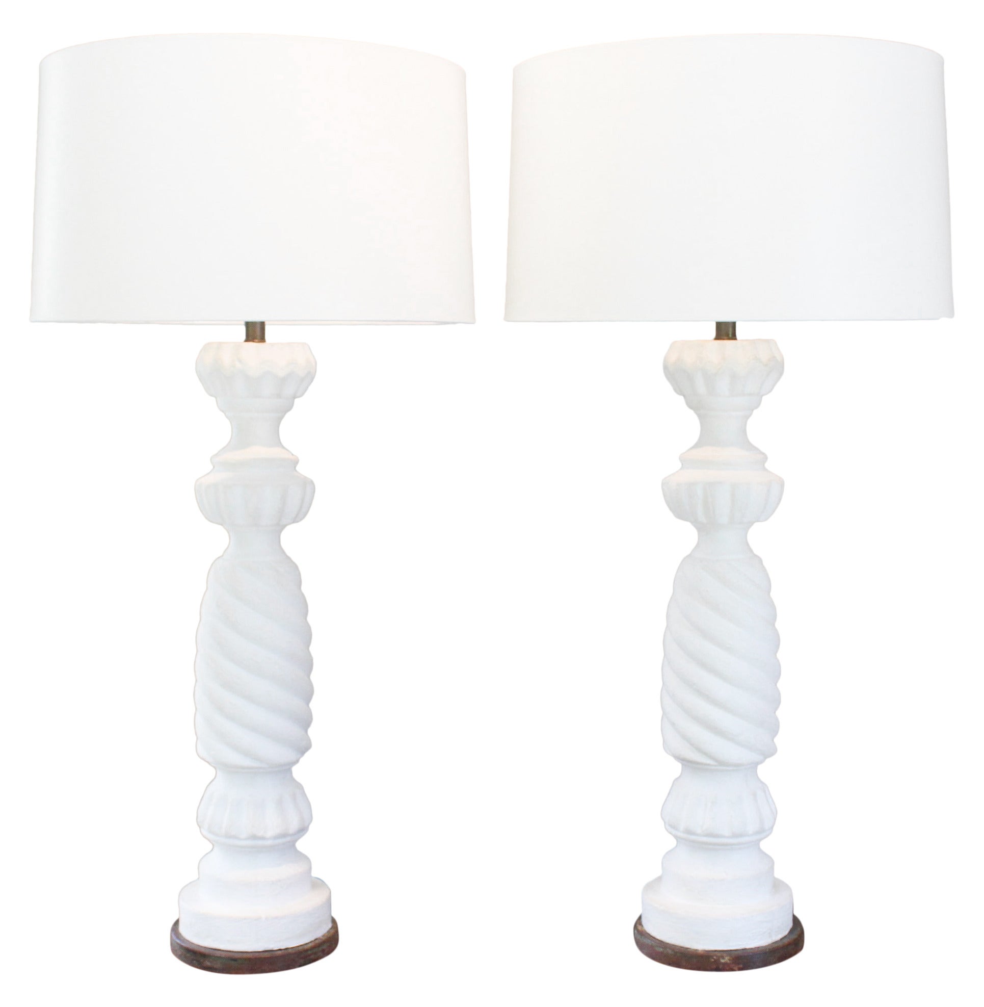 Pair of White Plaster Spiral Twist Table Lamps