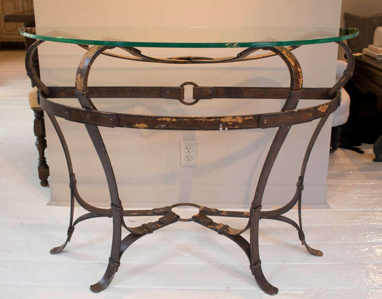 Stunning Hermes Style Handcrafted Iron Console with Simulated Leather Strap Legs and Base Supporting Glass Top.