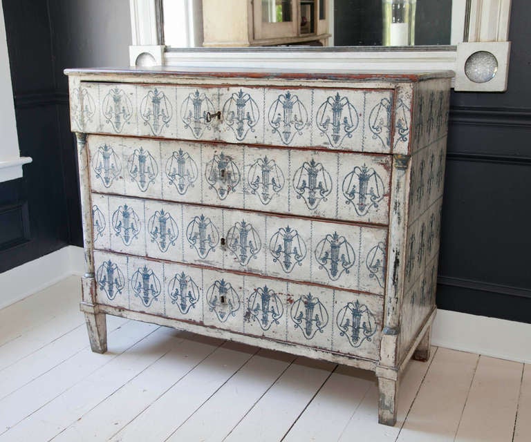 Swedish Chest with Single Drawer Atop Three Recessed Lower Drawers, Columnar Accents and Later Marbleizing and Figurative Paint in Shades of Oyster, Grey and Blue
