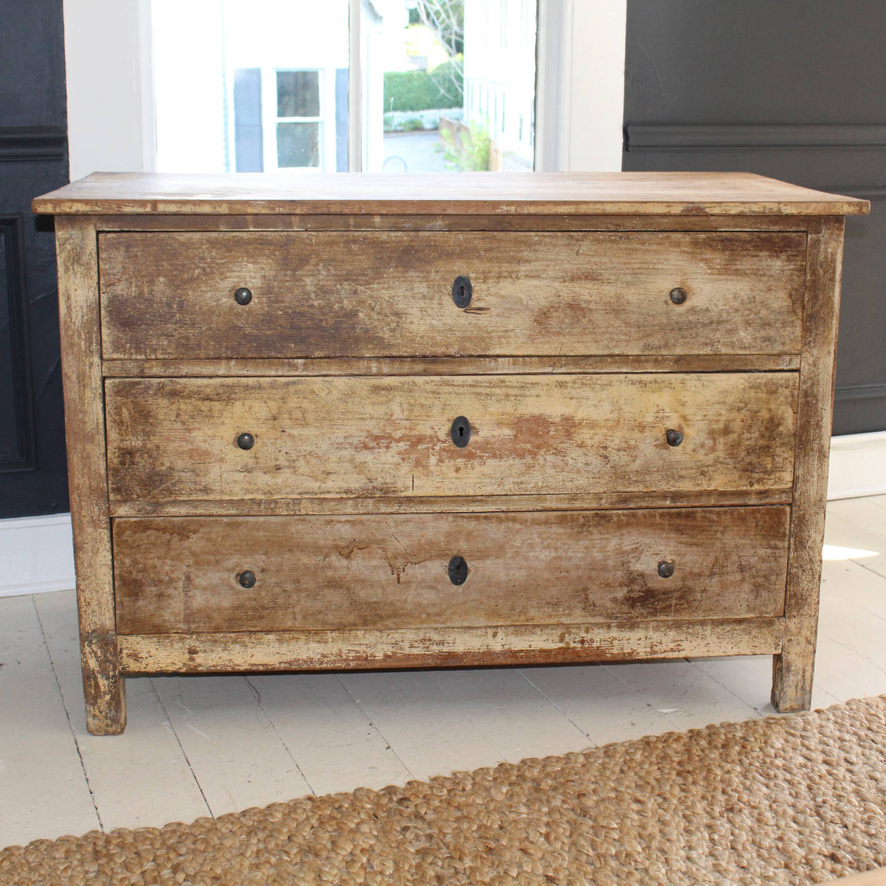Three-drawer chest, 19th century, France, in original paint, with newer escutcheons and knobs.