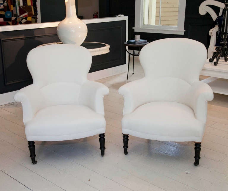 Pair of Napoleon III Chairs Upholstered in Muslin with Ebonized Turned Legs on Original Casters, Scroll Arms and Fan-Form Back