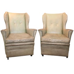 Pair of Celadon Leather Wingback Chairs