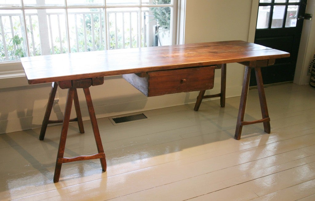 Wood console table or desk with sawhorse base and deep single drawer