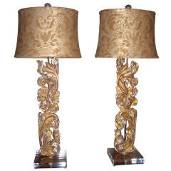 Pair of Spanish Gilded Fragment Lamps and Vintage Fortuny Shades