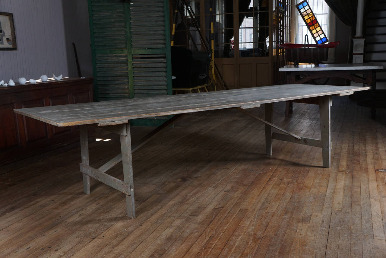 five board top farm table - breadboard ends - with hinged collapsable base - all in a delicious original gray wash patina