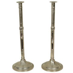 Rare Pair of Tall English Brass Adjustable Tavern Candlesticks, 19th Century
