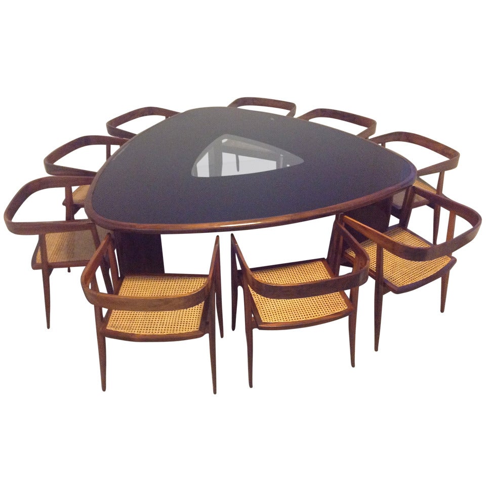1960s Triangular Brazilian Dining Table and Chairs by Tenreiro