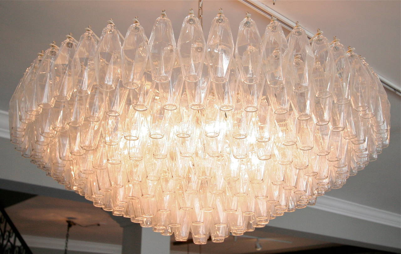 Large Round 1970s Polyhedron Glass Chandelier In Good Condition For Sale In Los Angeles, CA