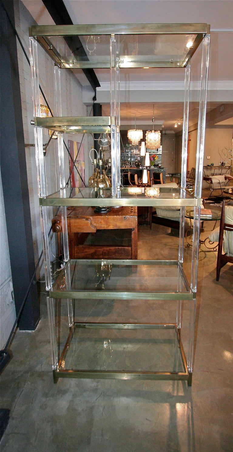 Mid-Century Modern 1970s Brass and Lucite Etagere Bookcase by Charles Hollis Jones