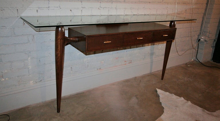 Scapinelli Brazilian Wood Console Table with Three Drawers and Glass Top, 1960s 1