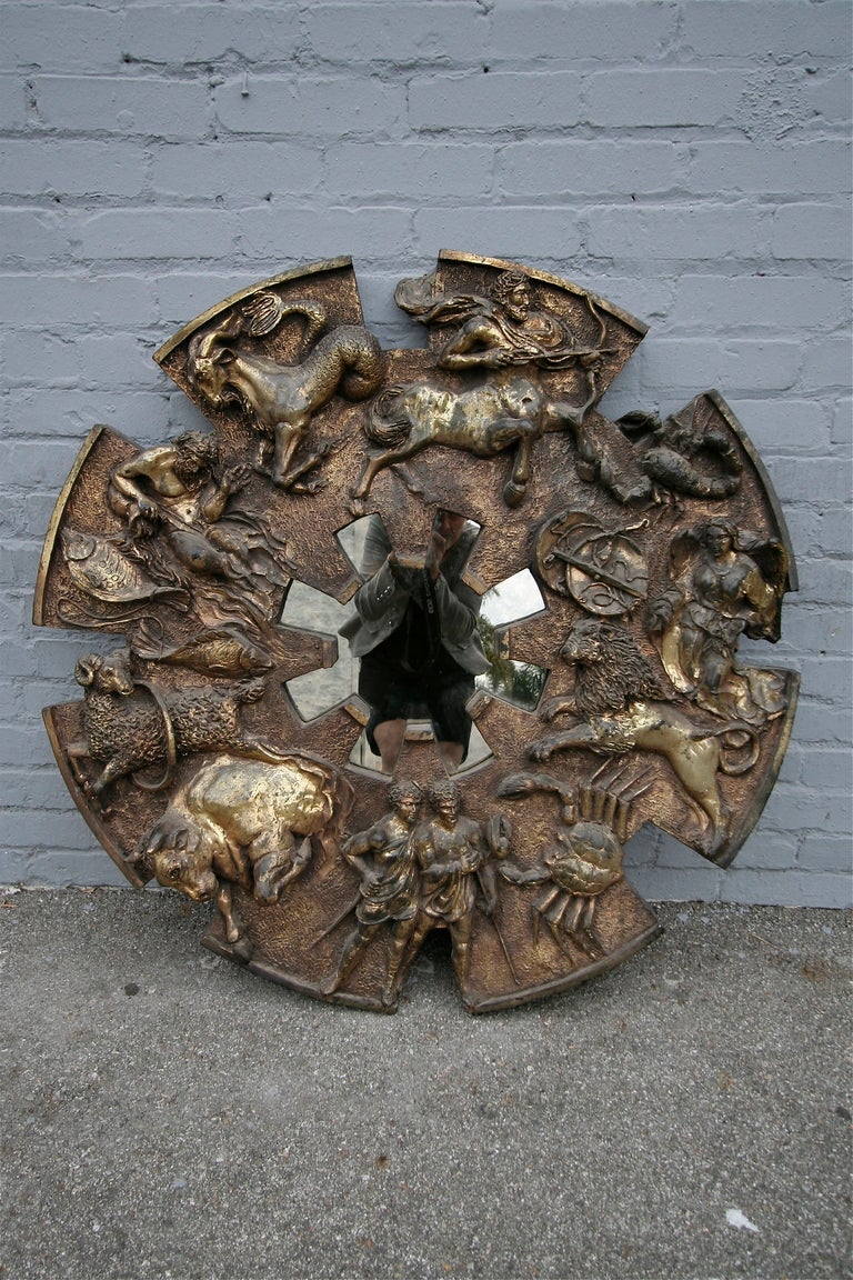 1970s Zodiac mirror by Finesse Originals with antiqued bronze patina