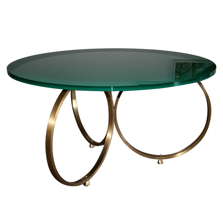 Custom brass coffee table with green reversed painted glass top.  Handmade in Los Angeles by Adesso Imports. Can be done in different colors.