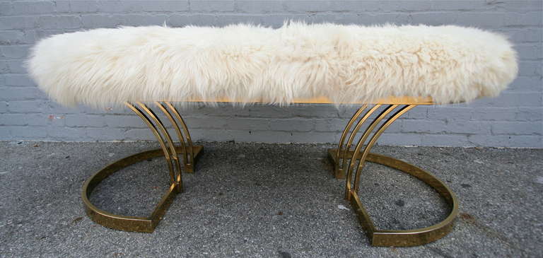 Mid-Century Modern 1970s Brass Bench with Ivory Sheepskin Seat For Sale