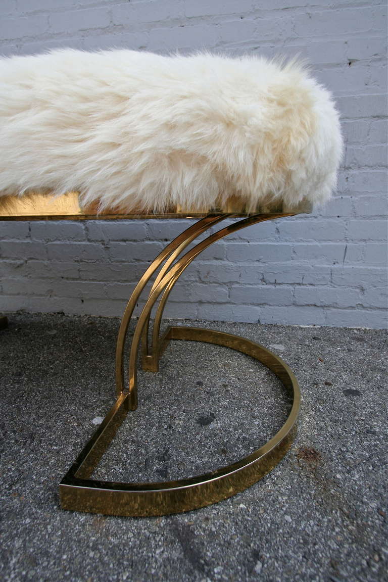 Italian 1970s Brass Bench with Ivory Sheepskin Seat For Sale