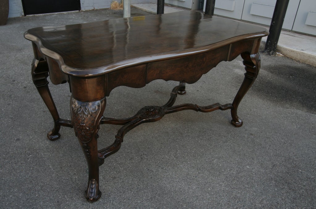 19th century Dutch ebonized library table desk and four chairs with beautiful inlay marquetry.

