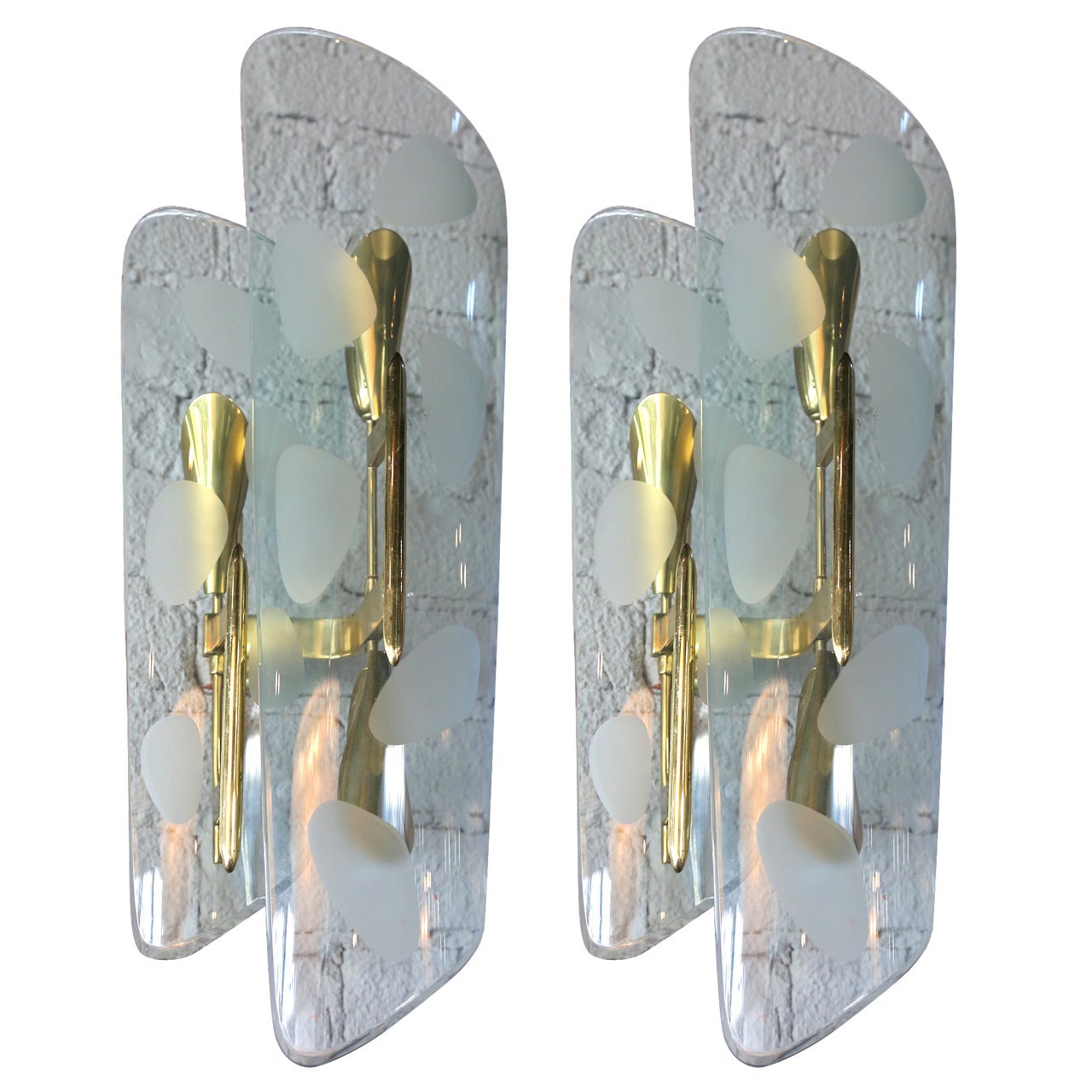 Pair of 1950s Italian sconces with etched glass and brass frames.
