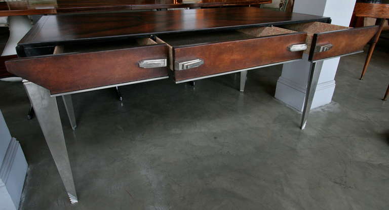 1930s Art Deco Metal and Leather Console Table or Desk In Good Condition For Sale In Los Angeles, CA