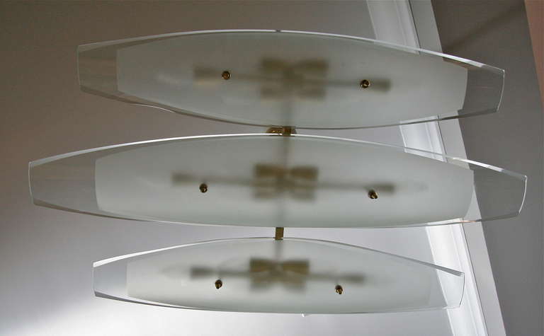 Mid-Century Modern Dominici 1960s Chandelier with Three-Glass Pieces on Brass Frame For Sale
