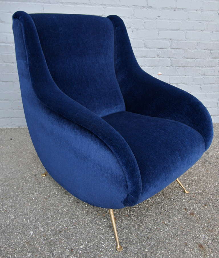 Pair of Italian blue mohair armchairs with brass legs