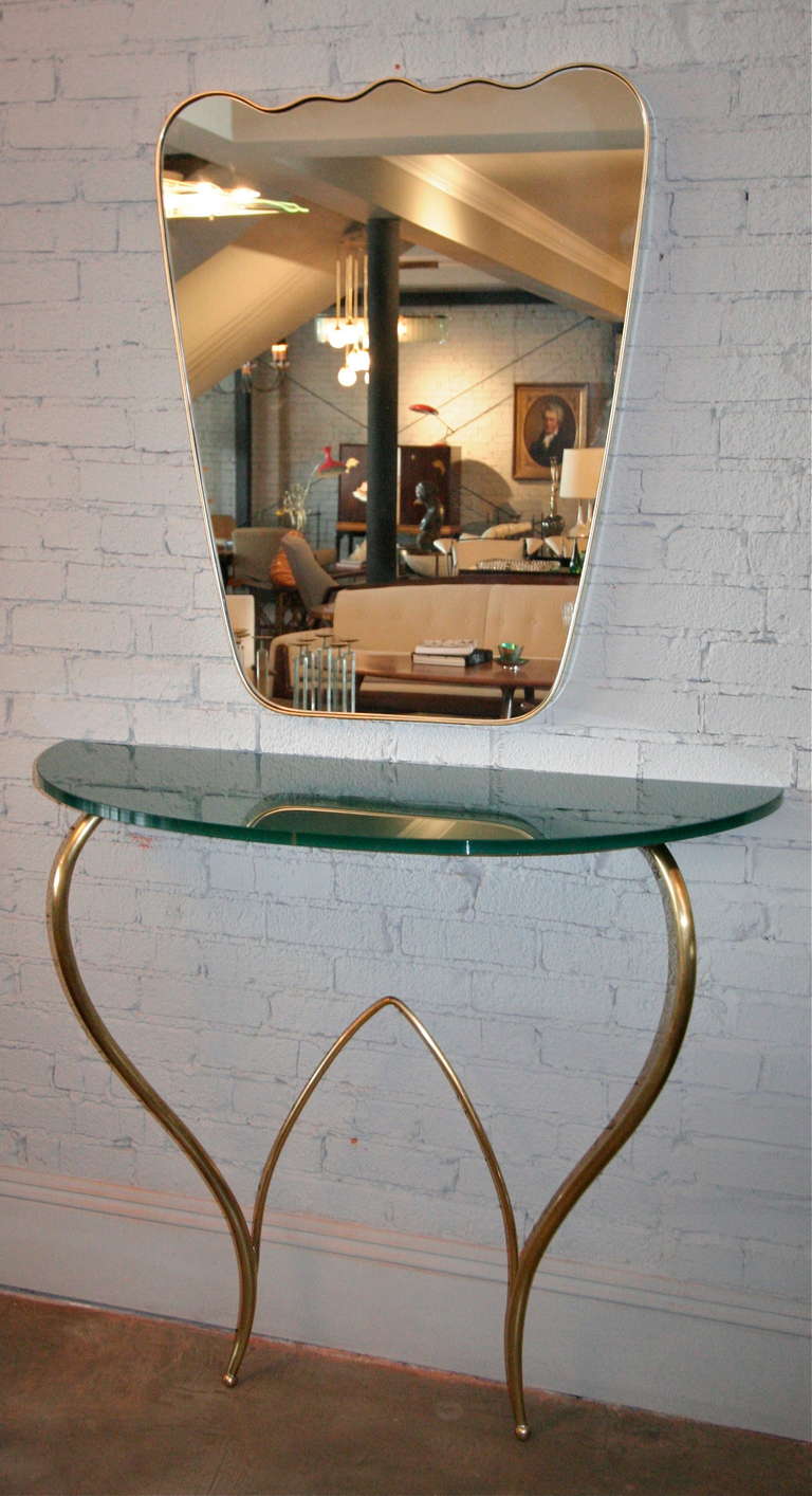 Italian 1960s brass console and mirror with green glass top