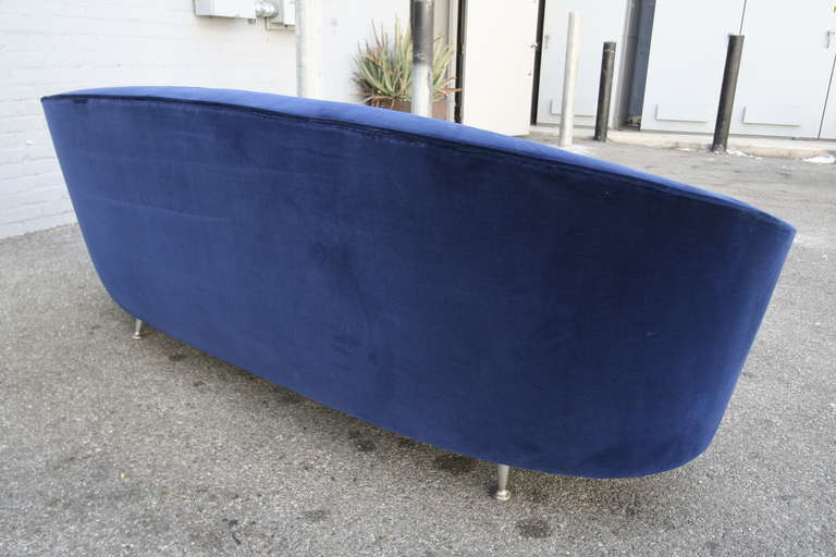 Metal Italian Blue Velvet Curved Sofa in the Style of Ico Parisi, 1960s For Sale
