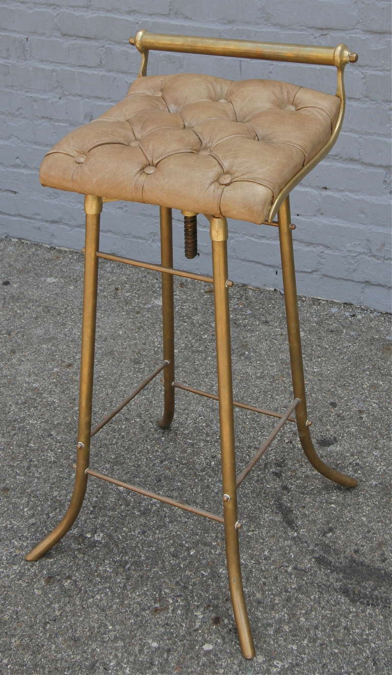 Mid-Century Modern Pair of 1950s French Leather and Brass Bar Stools