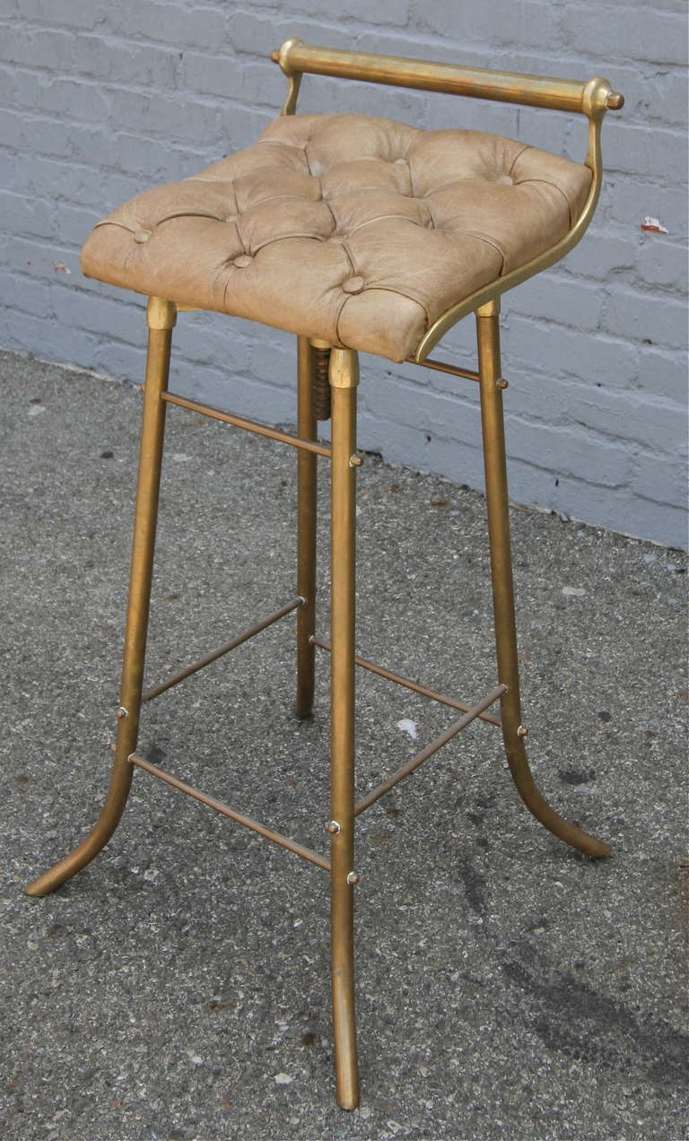Pair of 1950s French Leather and Brass Bar Stools In Good Condition In Los Angeles, CA