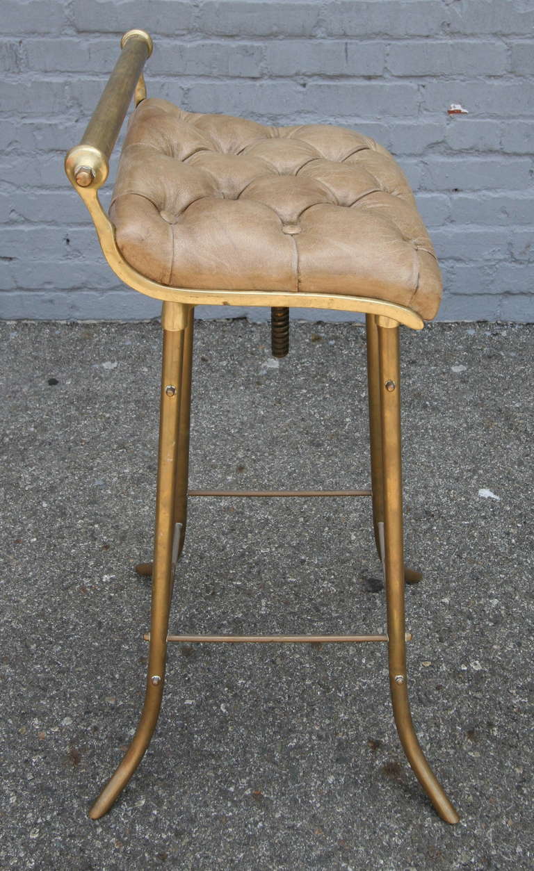 Pair of 1950s French Leather and Brass Bar Stools 1