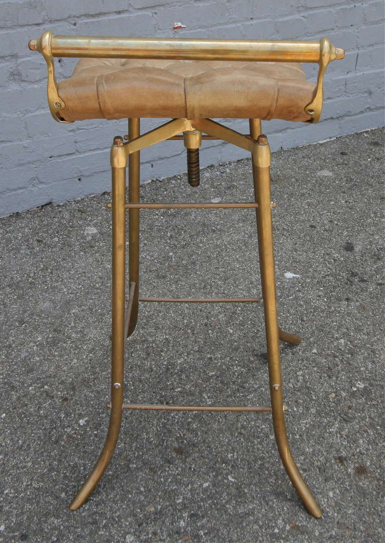 Pair of 1950s French Leather and Brass Bar Stools 2
