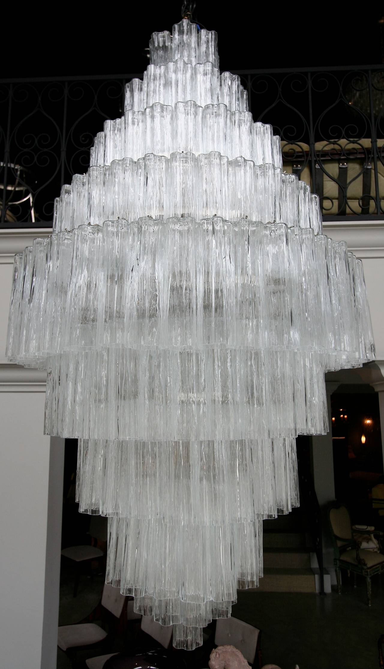 Murano glass chandelier from the 1970s with ten tiers of clear tronchi glass, totaling 197 pieces of glass with 18 lights.