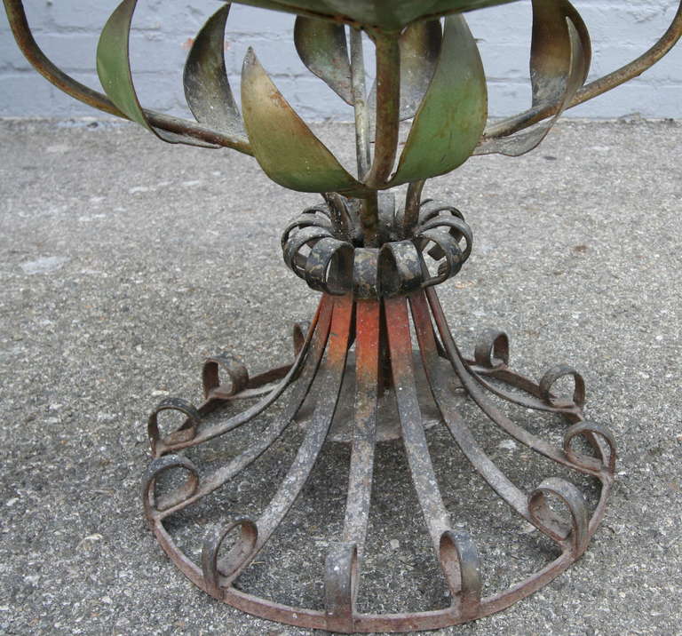 1930s Side Table with Metal Flower Base and Glass Top 1