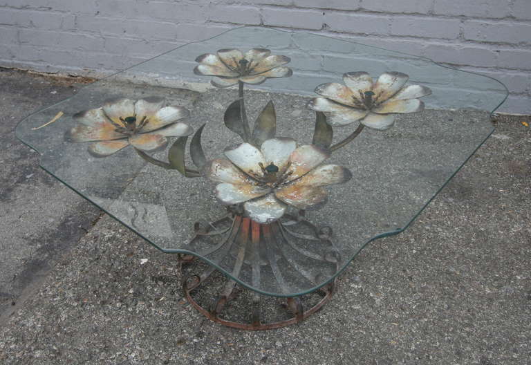 1930s Side Table with Metal Flower Base and Glass Top 4