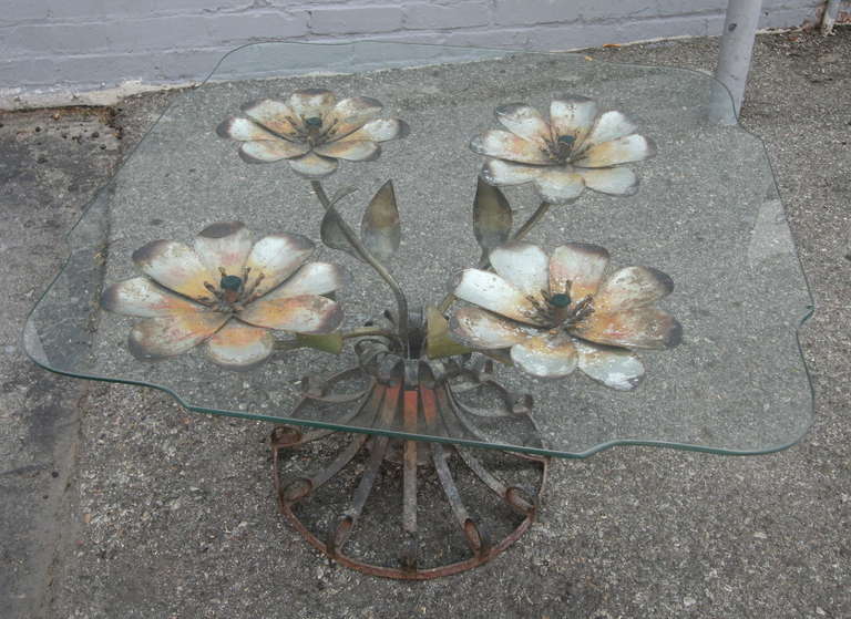 1930s Side Table with Metal Flower Base and Glass Top 5