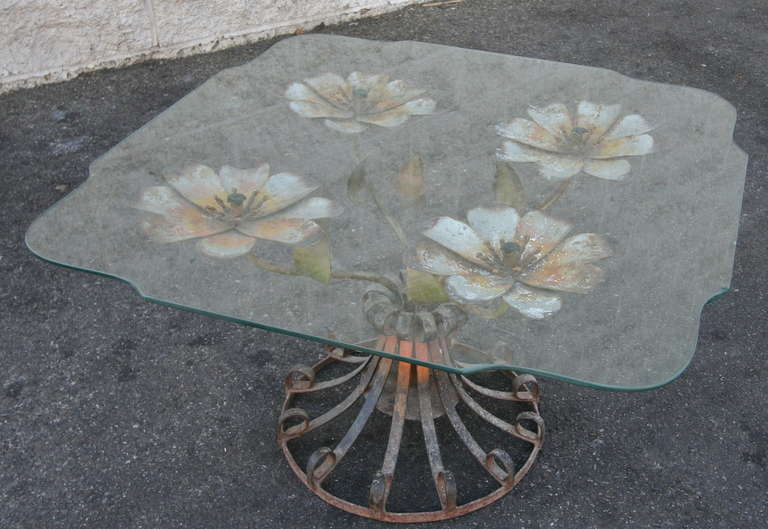 1930s Flower Side Table with Metal Base and Glass Top
